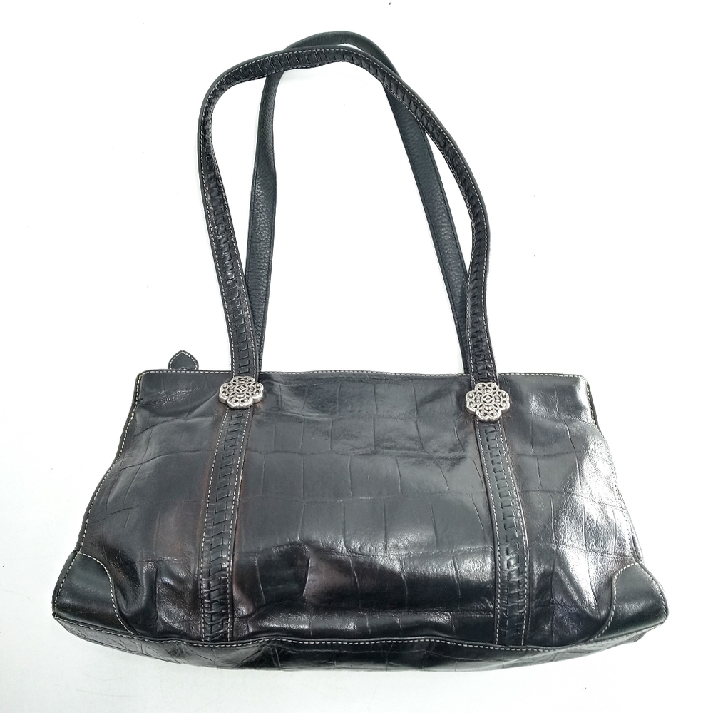Brighton Crocodile Embossed Black Leather Shoulder Bag